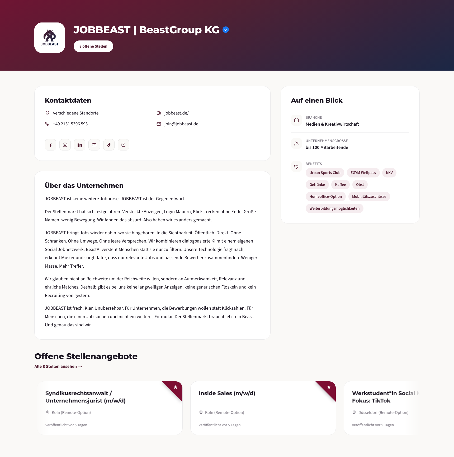 Beispiel eines JOBBEAST Arbeitgeberprofils